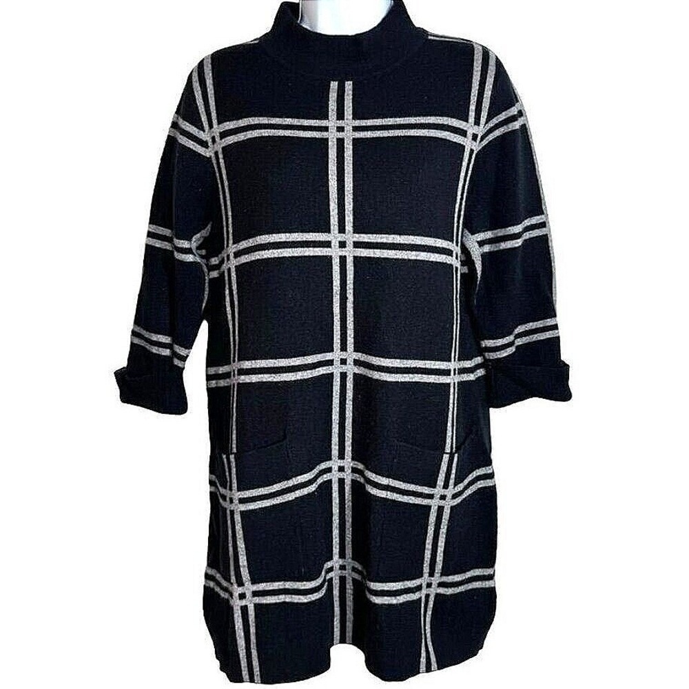 Baci Women Black Grey Windowpane Plaid Mock Neck Knit Tunic Dress Pockets